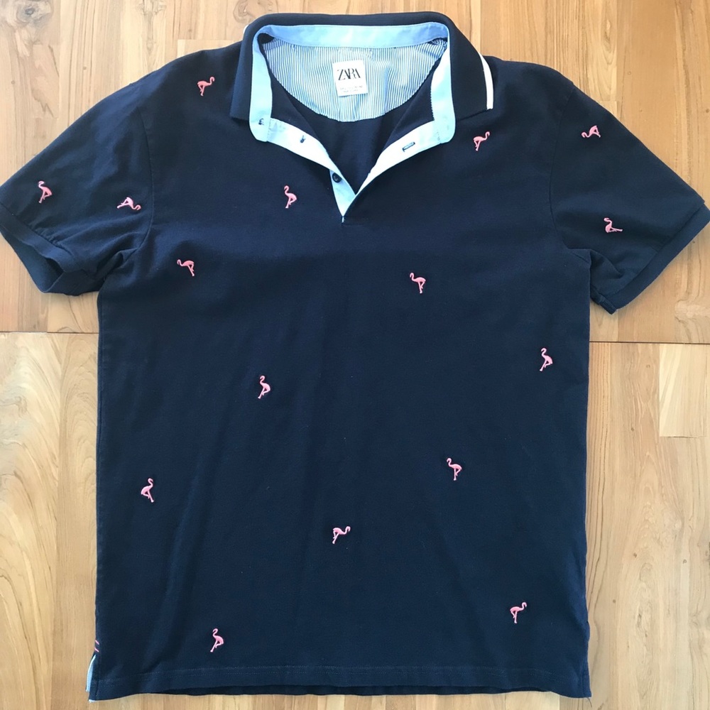 ZARA black with pink flamingos polo shirt
